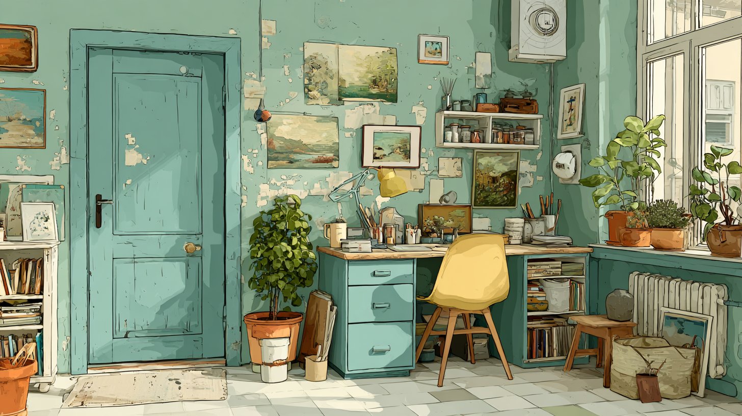 Ein gut organisierter Raum mit kreativen Akzenten und Pflanzen.