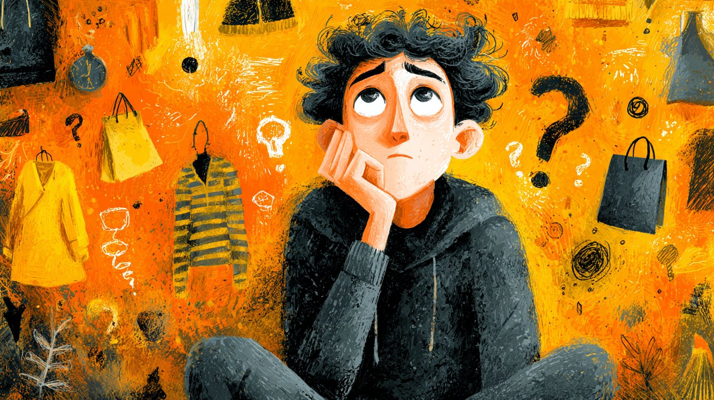 Nachdenkliche Person, die über Kaufentscheidungen unter psychologischen Symbolen reflektiert.