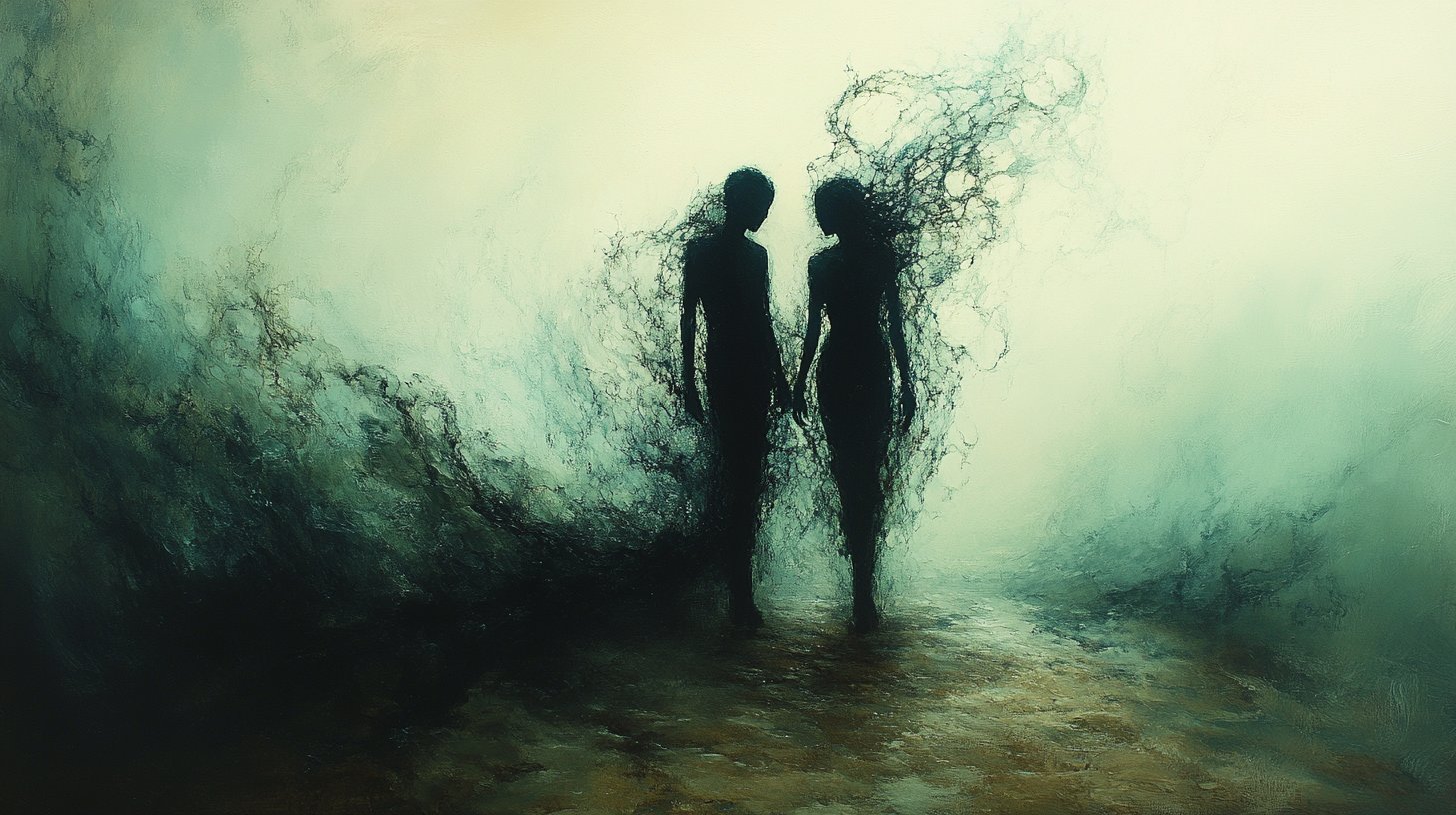 Deux figures dans une toile d'ombres, illustrant des besoins non satisfaits.