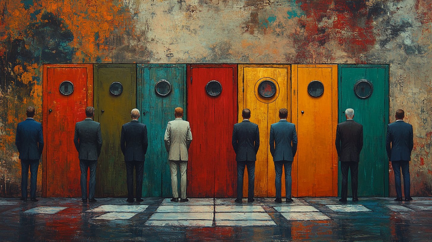 Un groupe d'hommes à un carrefour, incertains sur l'engagement.