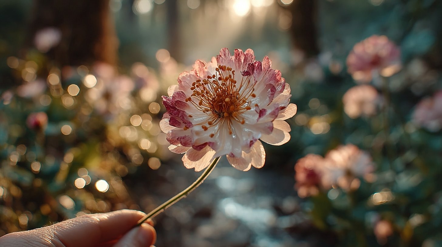 Nahaufnahme einer hand, die eine blühende Blume hält.