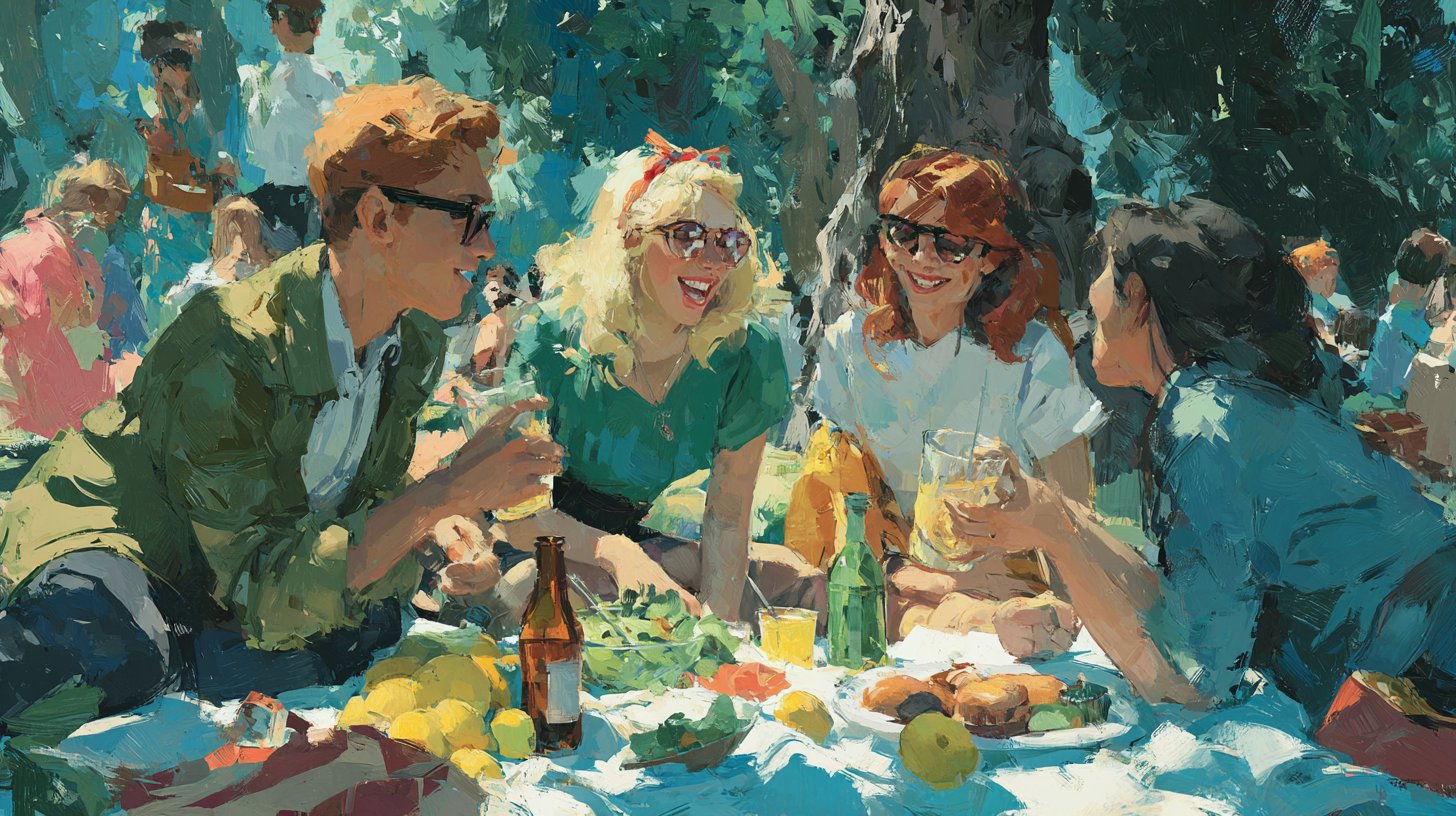 Ein lebhaftes Picknick mit Freunden im Park.