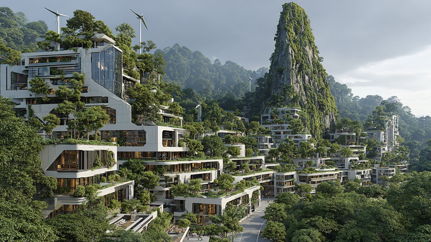 Eine futuristische Stadtlandschaft, die Natur und moderne Architektur vereint.