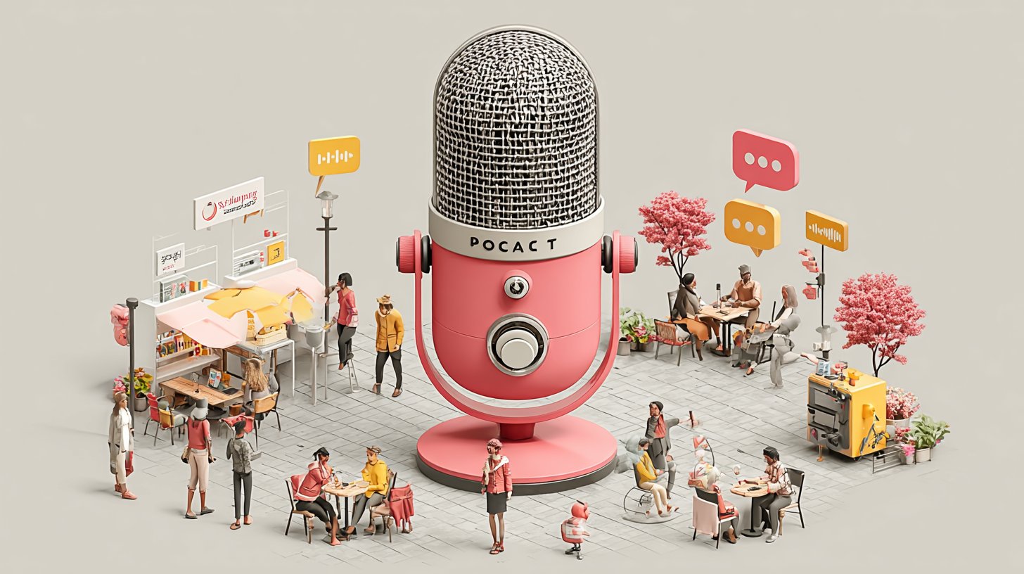 Eine Collage, die vielfältige Podcast-Formate weltweit darstellt.