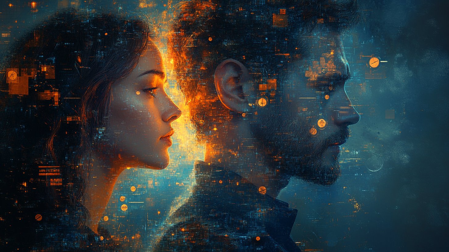 Ein Paar in einem reißenden Alltag, umgeben von Uhren.