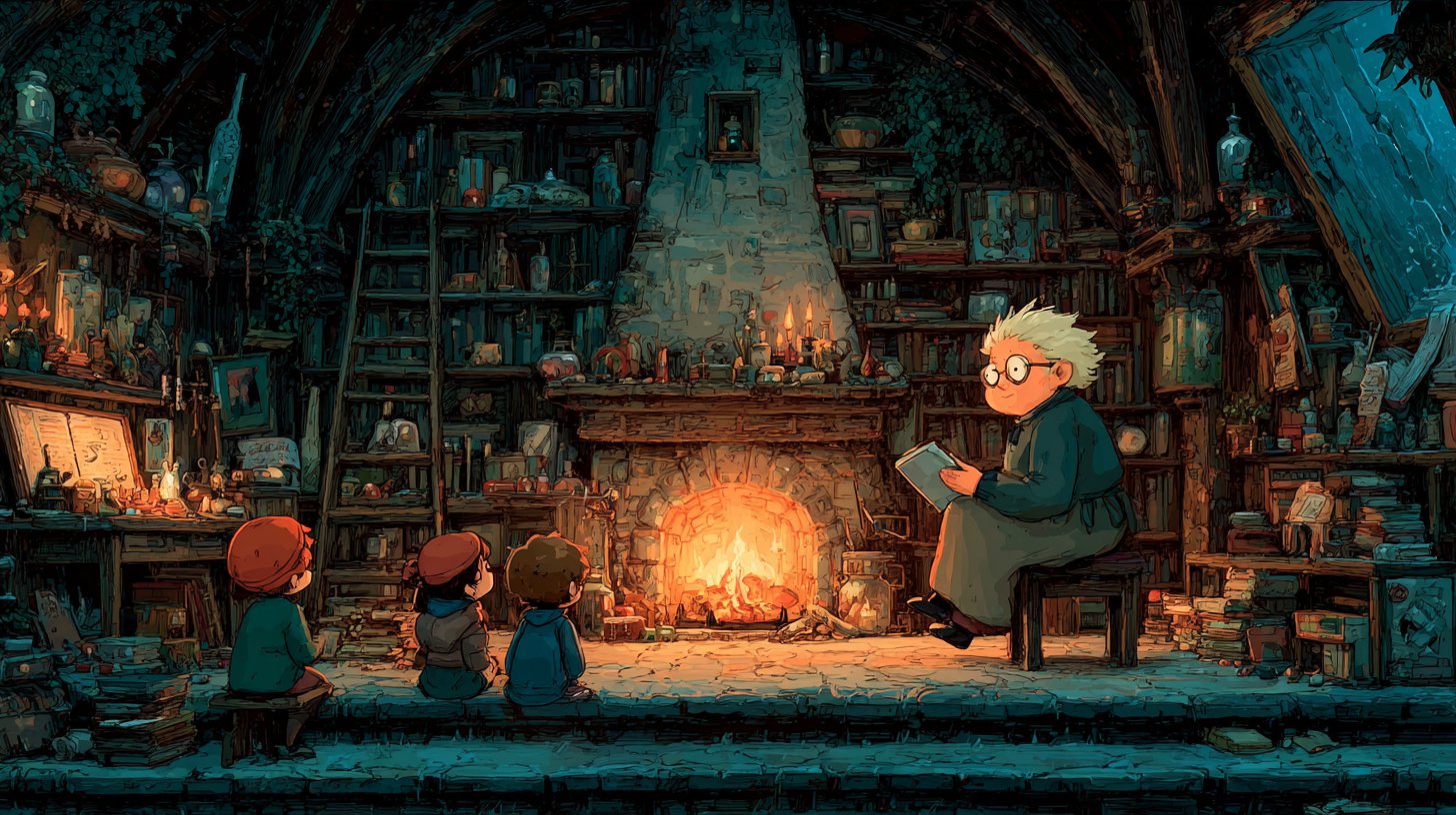 Ein Geschichtenerzähler fesselt sein Publikum in einer einladenden Umgebung.