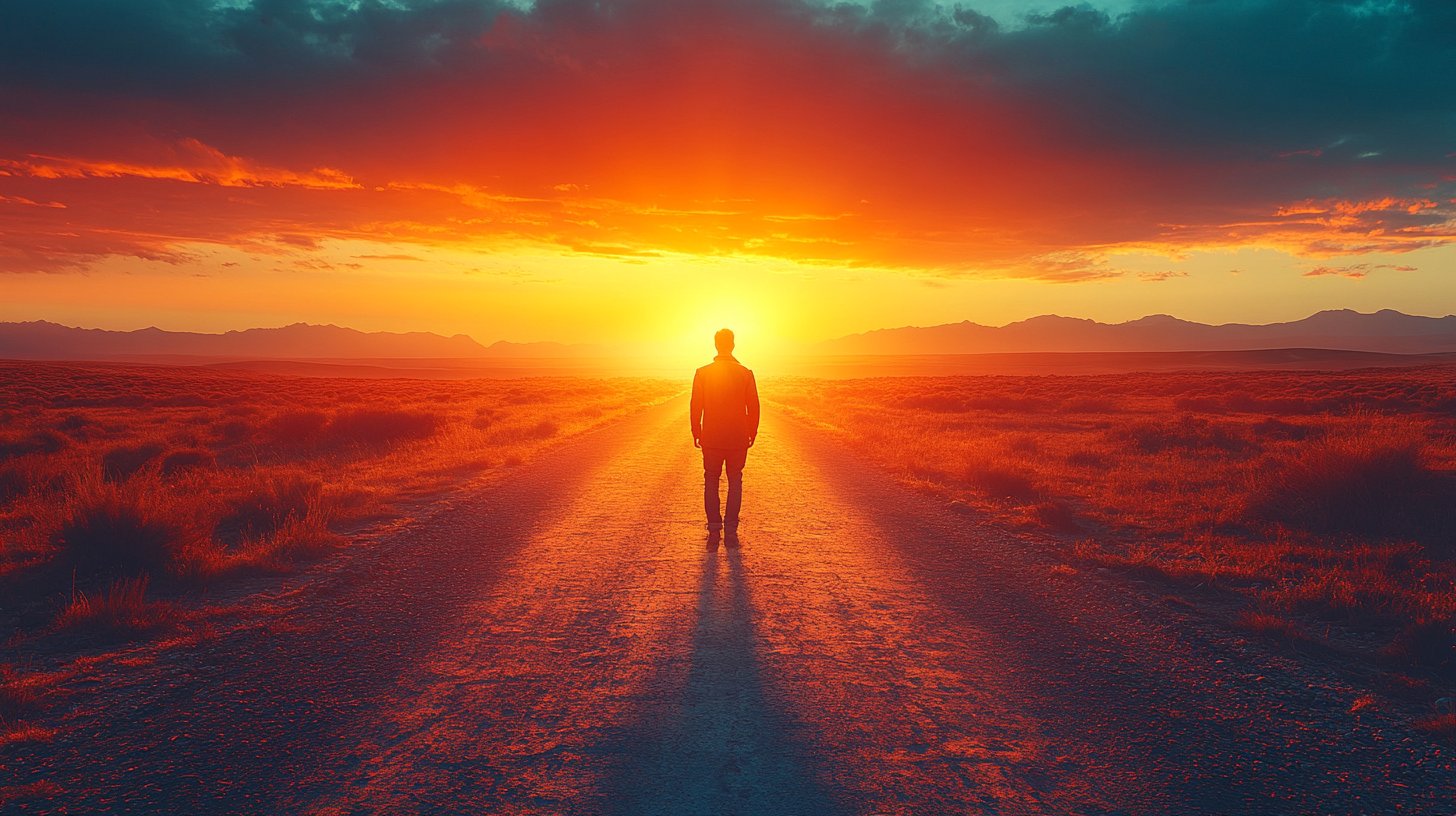 Ein Mann an einer Weggabelung, zwischen Gewohntem und Neuem.