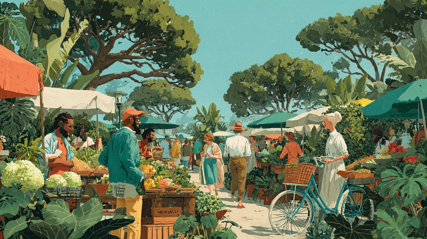Ein fröhlicher, grüner Markt mit Menschen, die nachhaltig konsumieren.