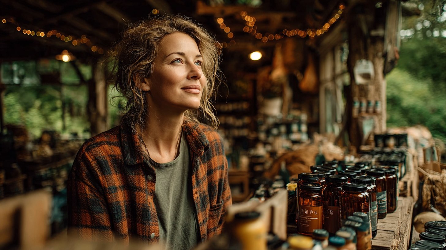 Ein nachdenklicher Käufer betrachtet umweltfreundliche Produkte in einem einladenden Laden.