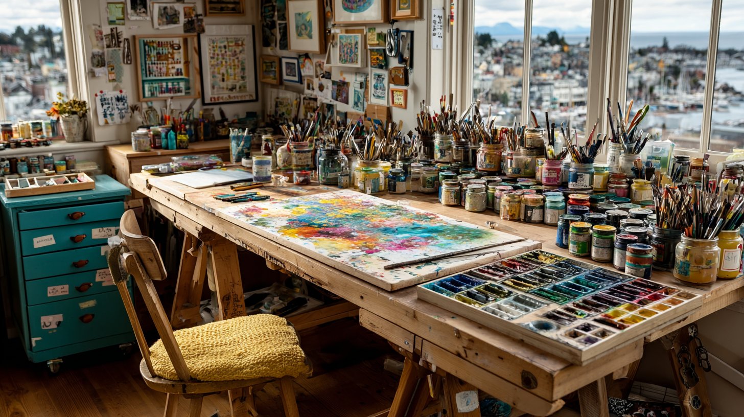 Ein kreativer Arbeitsplatz, der Freude an DIY-Projekten und Upcycling zeigt.