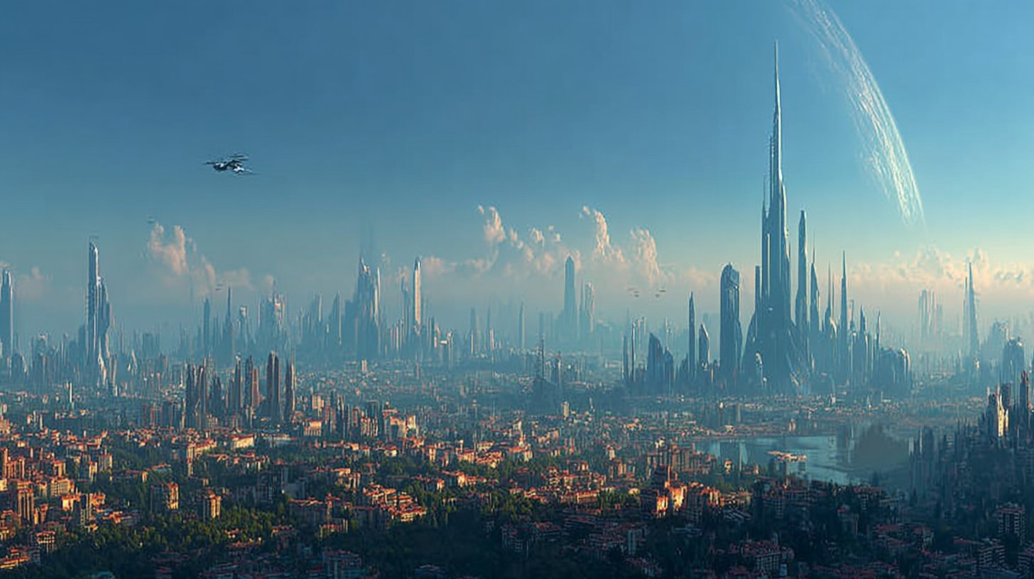 Eine futuristische Skyline mit innovativen Technologien.