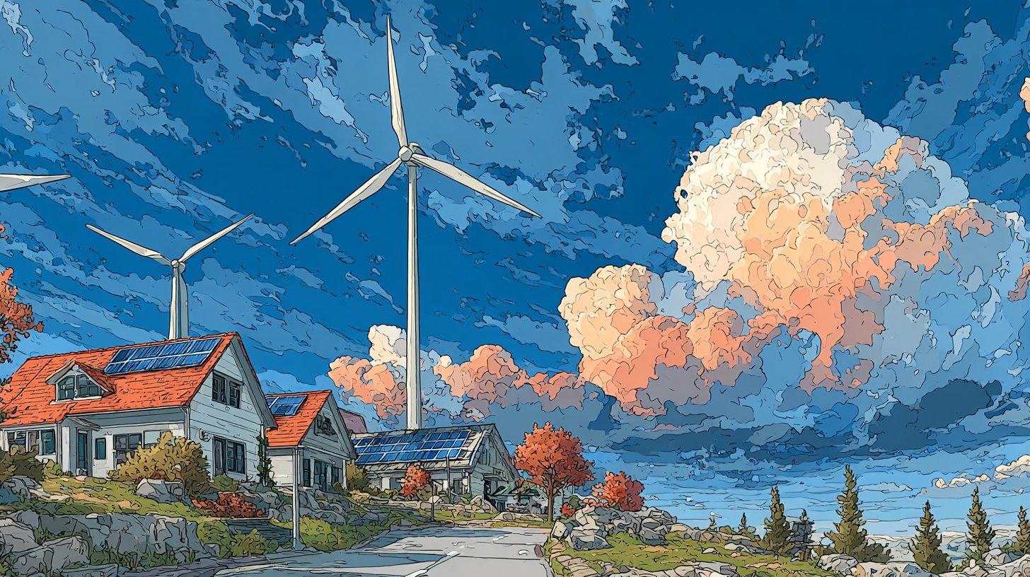 Eine saubere Energie-Landschaft mit Solarpanelen und Windturbinen.