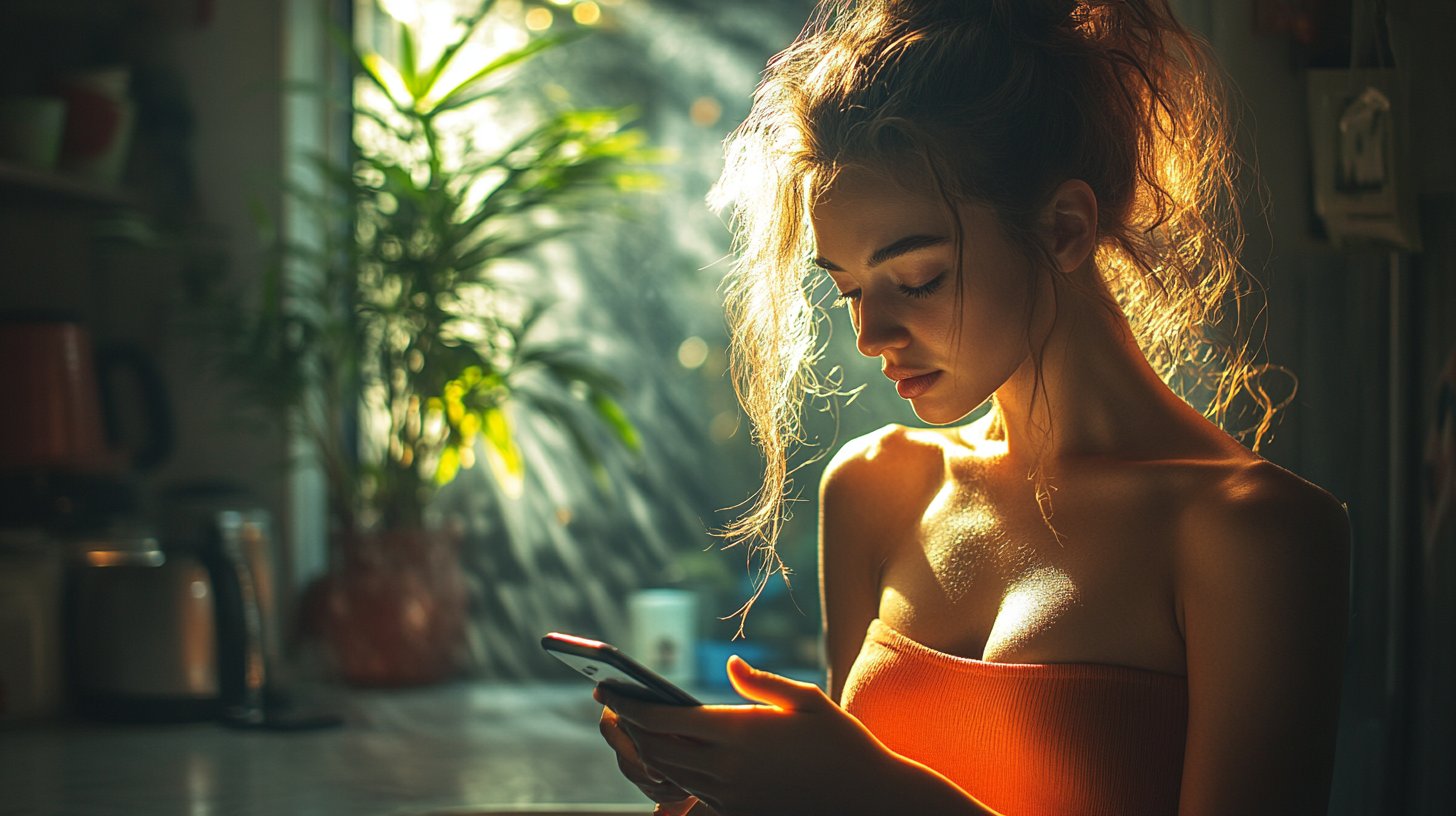 Escena de cocina estresante: alguien lee inquieto un mensaje en su teléfono.