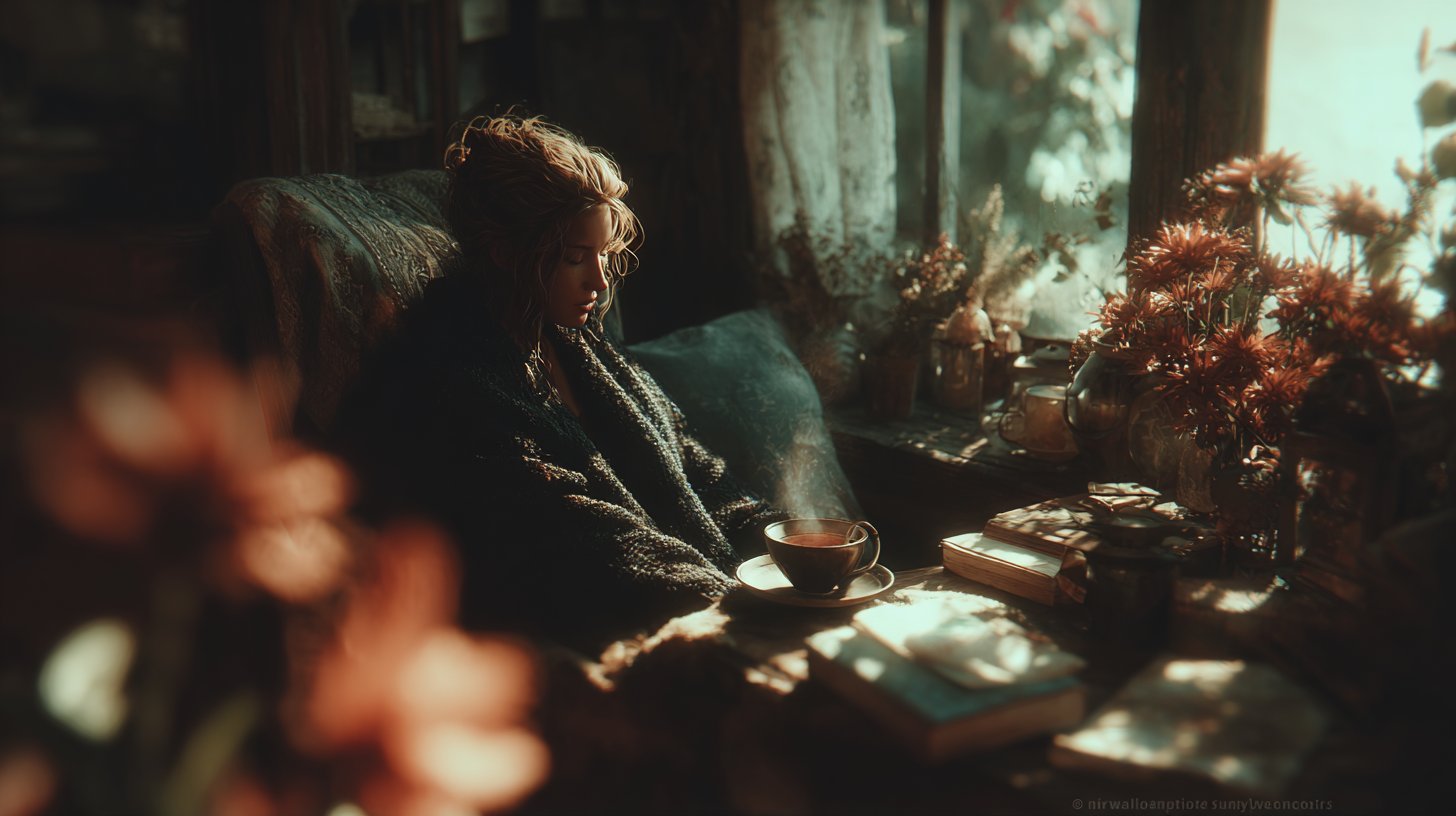 Ein ruhiger Rückzugsort mit Tee und Büchern.