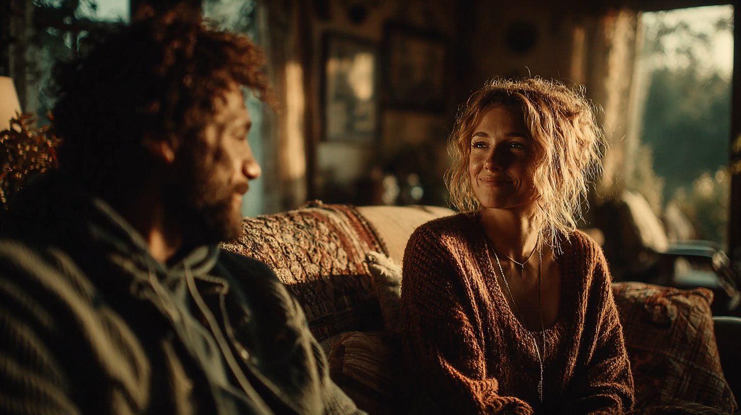 Ein Paar diskutiert nah und vertraut im warmen Licht ihres Wohnzimmers.