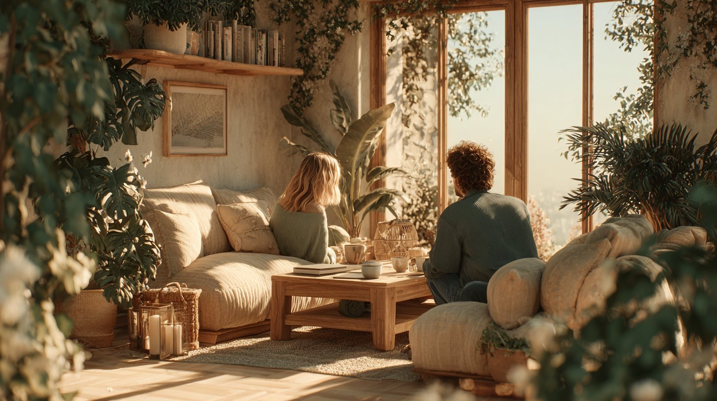 Ein lebhaftes Paargespräch in einem gemütlichen Wohnzimmer voller Freude.