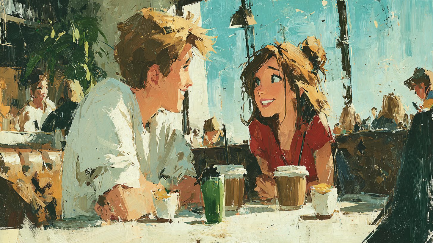 Ein Paar lacht in einem charmanten Café über humorvolle Fragen.