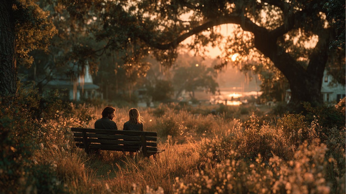 Ein Paar diskutiert nachdenklich auf einer Bank während der goldenen Stunde.