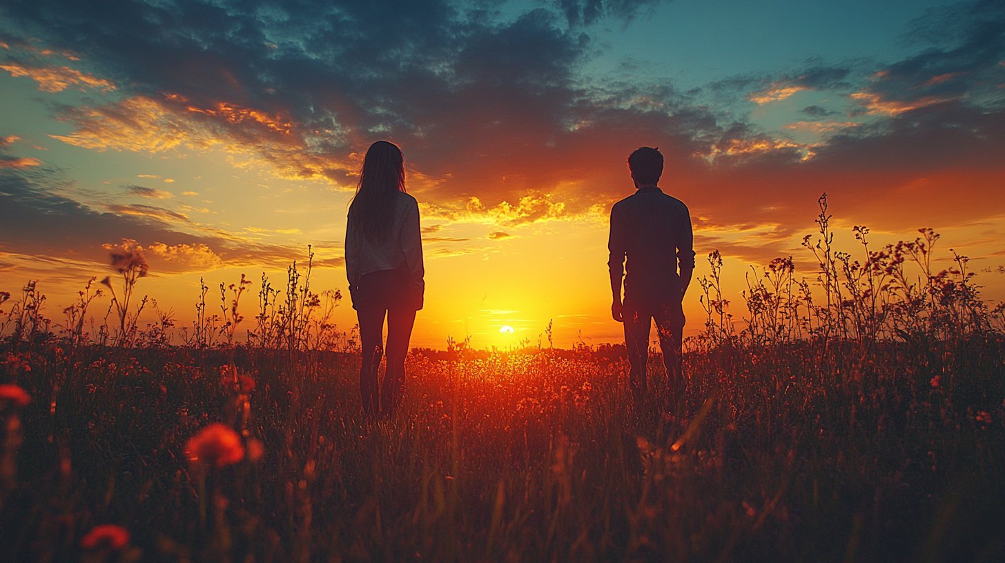 Una pareja al atardecer, atrapada en pensamientos sobre el futuro incierto.
