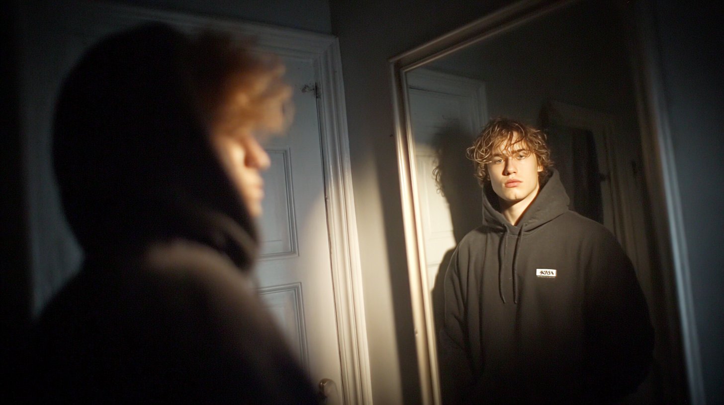 Einsam im schwach beleuchteten Raum, dem Spiegelblick begegnen.