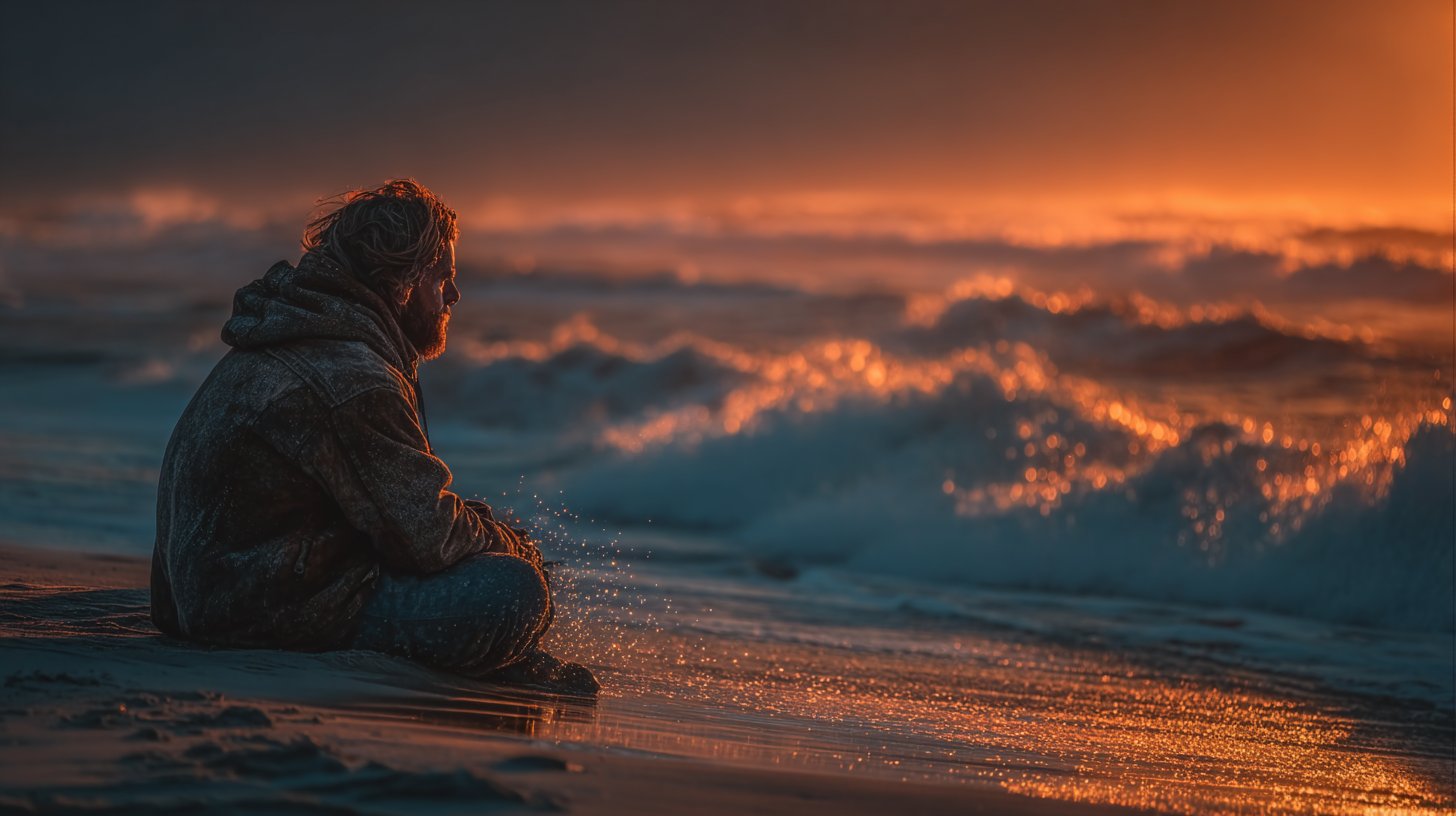 Verzweifelt am Strand, den Sonnenuntergang betrachtend.