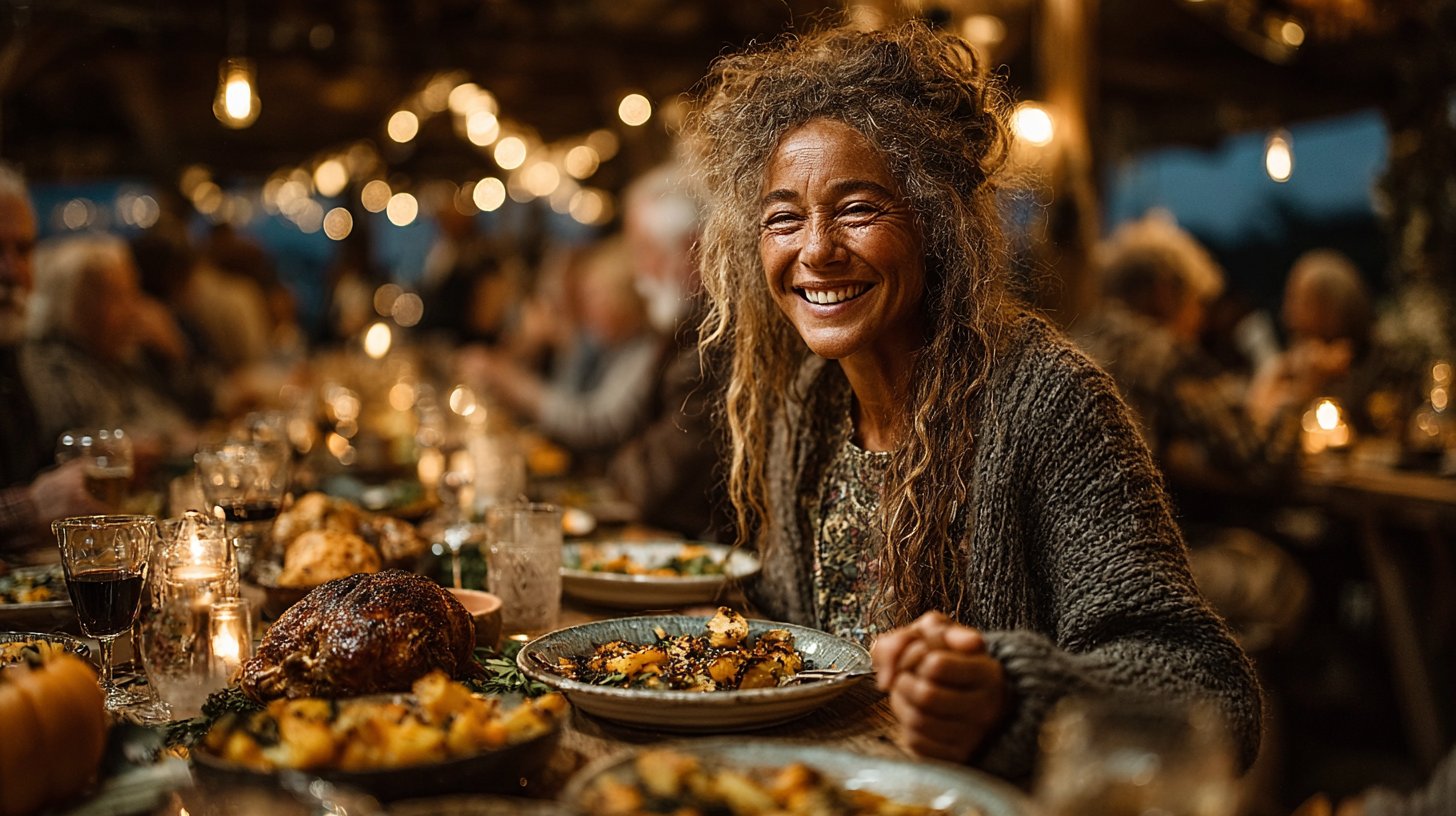 Eine Familie feiert Dankbarkeit am Esstisch.