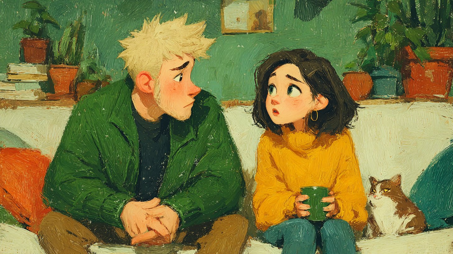 Ein warmherziges Gespräch in einem gemütlichen Wohnzimmer.