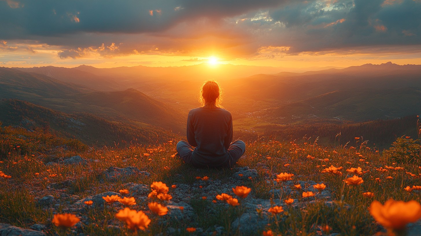 Eine friedliche Szene zeigt eine Person, die den Horizont umarmt.