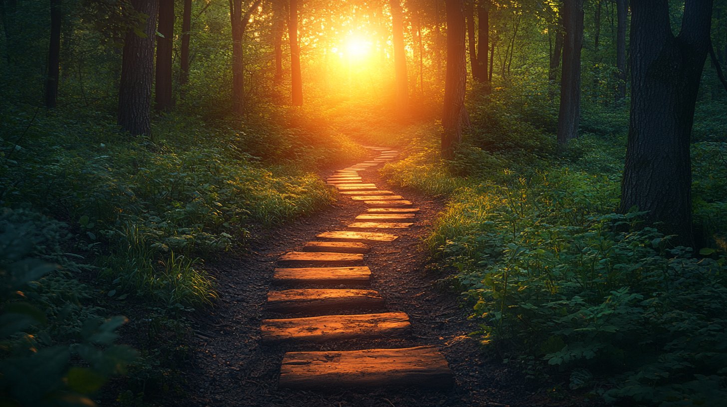 Ein Weg durch einen üppigen Wald führt zu einer klaren Lichtung.