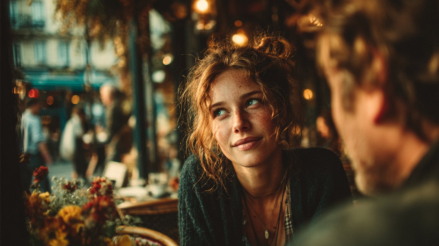 Zwei Menschen führen ein tiefes Gespräch im Café.