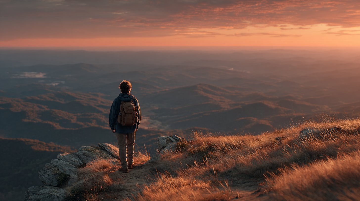 Ein Selbstbewusster Mensch schaut optimistisch auf die Landschaft.