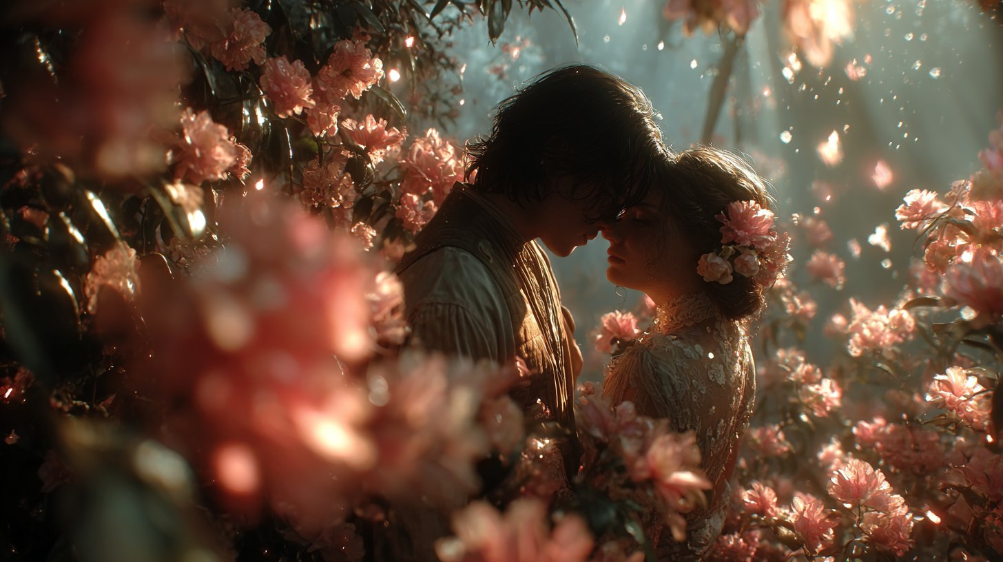 Eine atemberaubende Szene, die die Essenz der Liebe in einer magischen Landschaft einfängt.