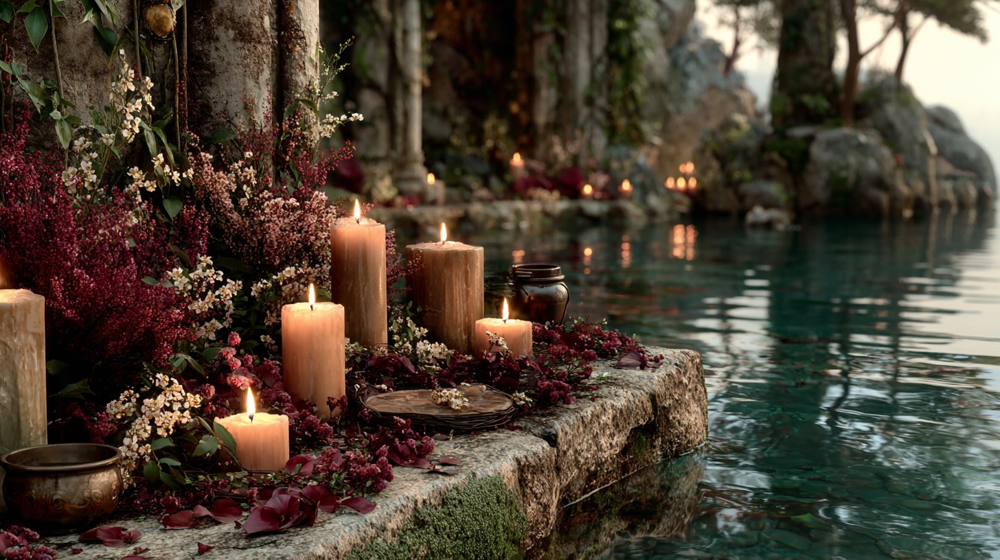 Ein einladender Altar im Freien, geschmückt mit Kerzen und Blumen, der Liebe symbolisiert.