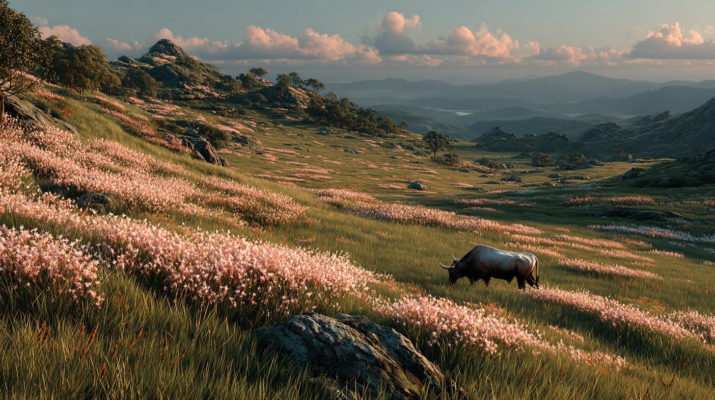 Ein ruhiger Stier in einer friedlichen Landschaft.