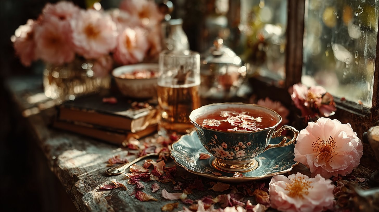 Eine Tasse klassischer Rosenblütentee in voller Blüte.