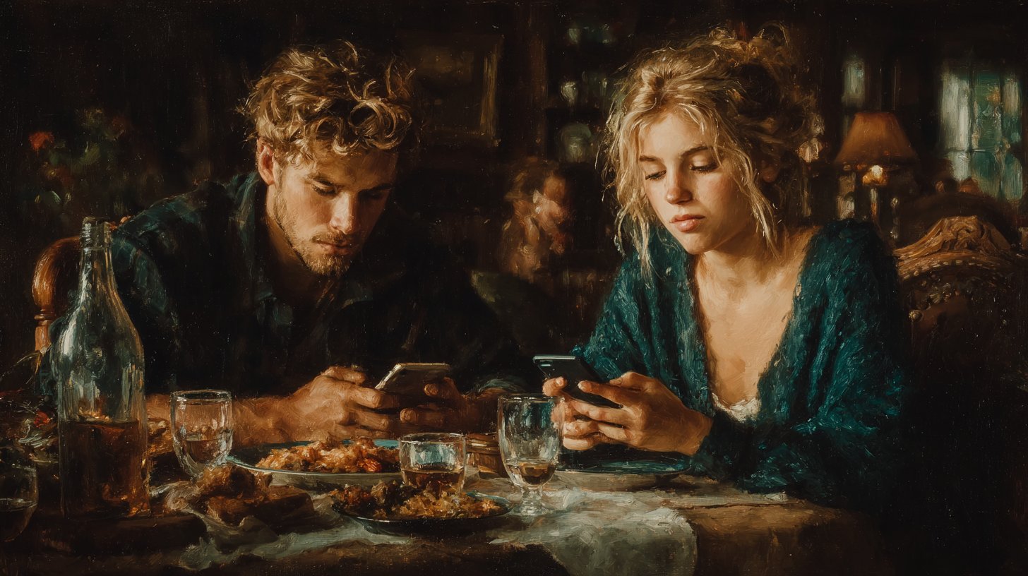 Una pareja en la mesa, absorta en sus teléfonos.