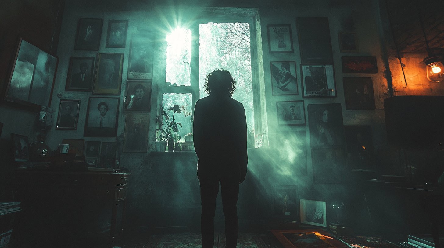 Eine einsame Figur sitzt inmitten fröhlicher Freunde, ihr Rückzug wird sichtbar.