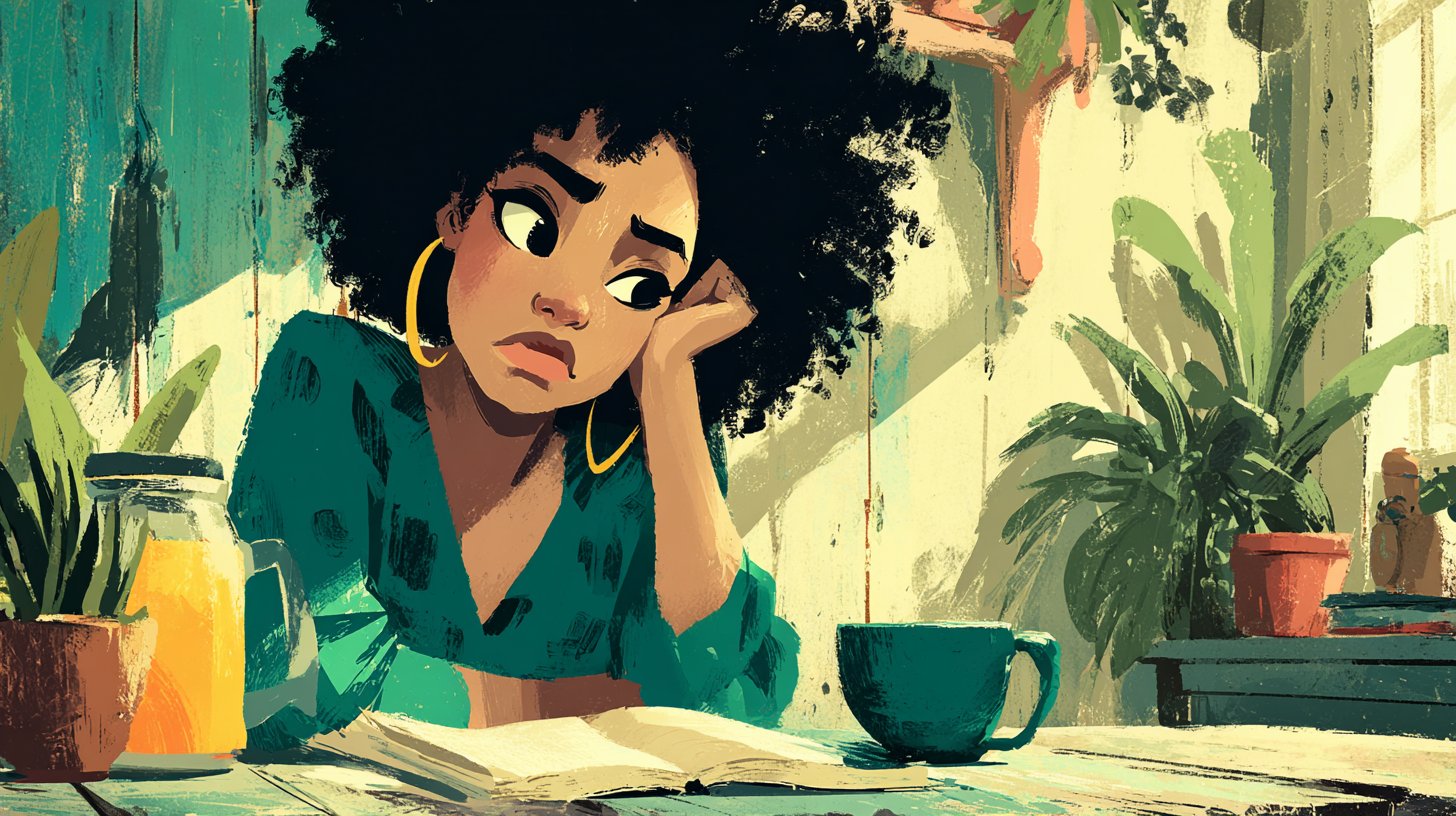 Ein nachdenklicher Moment bei Sonnenlicht am Holztisch.