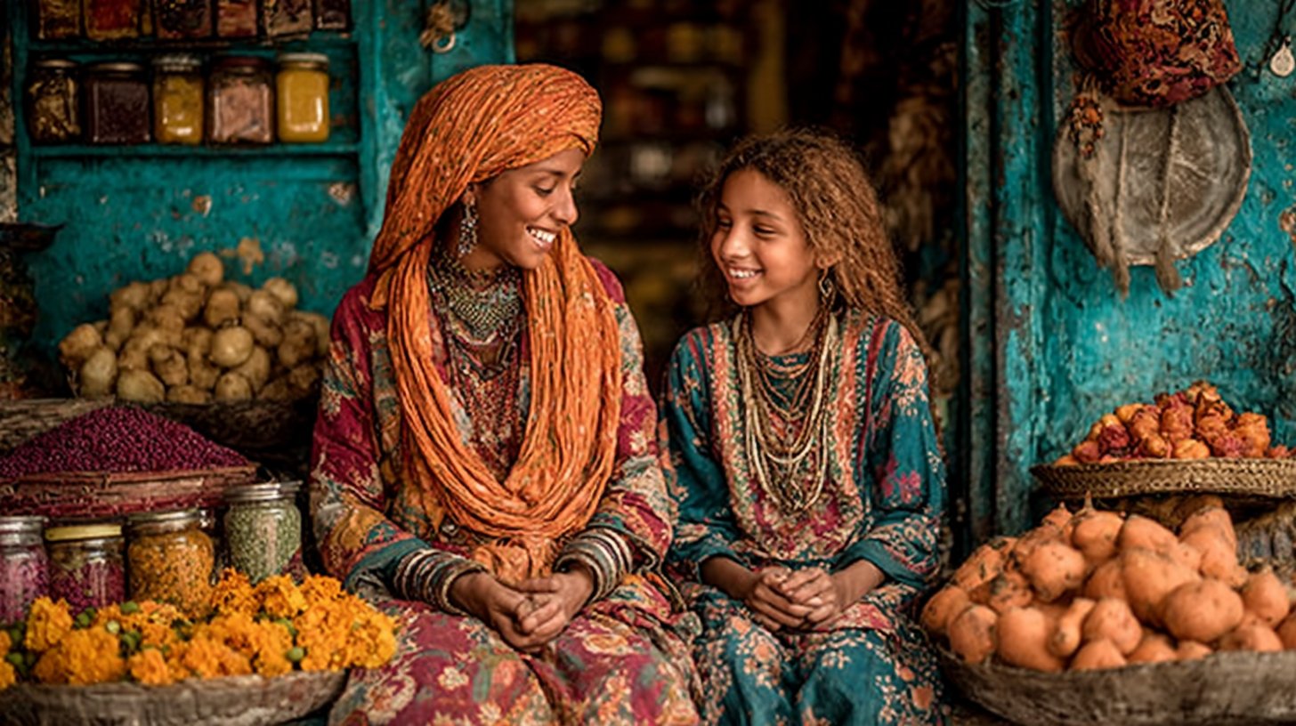 Lebhafte Marktszene voller Lächeln und Farben.