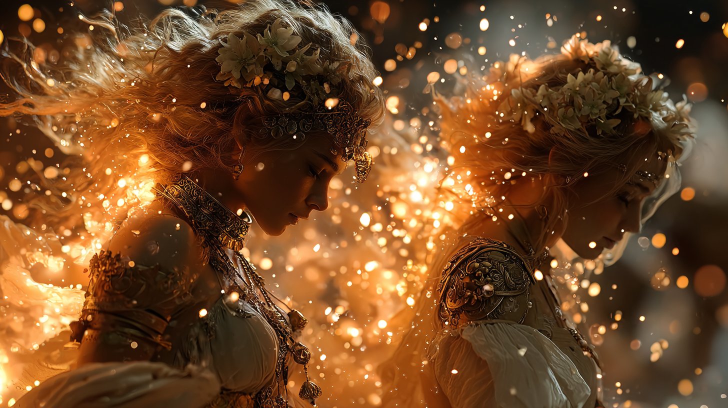 Dynamische Feuer-Göttinnen umgeben von flackernden Flammen.