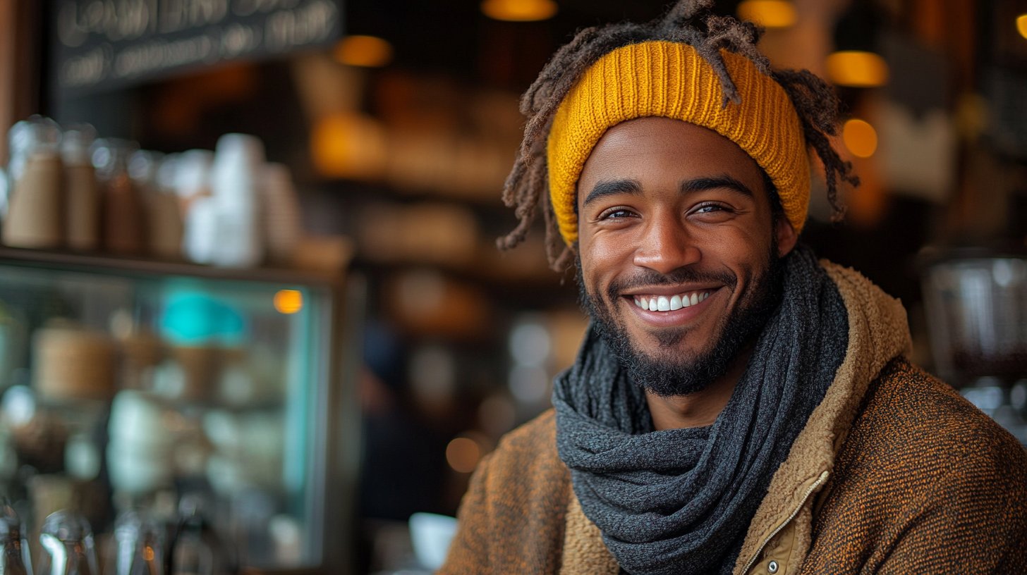 Un hombre disfruta de café y risas con amigos en una acogedora cafetería.