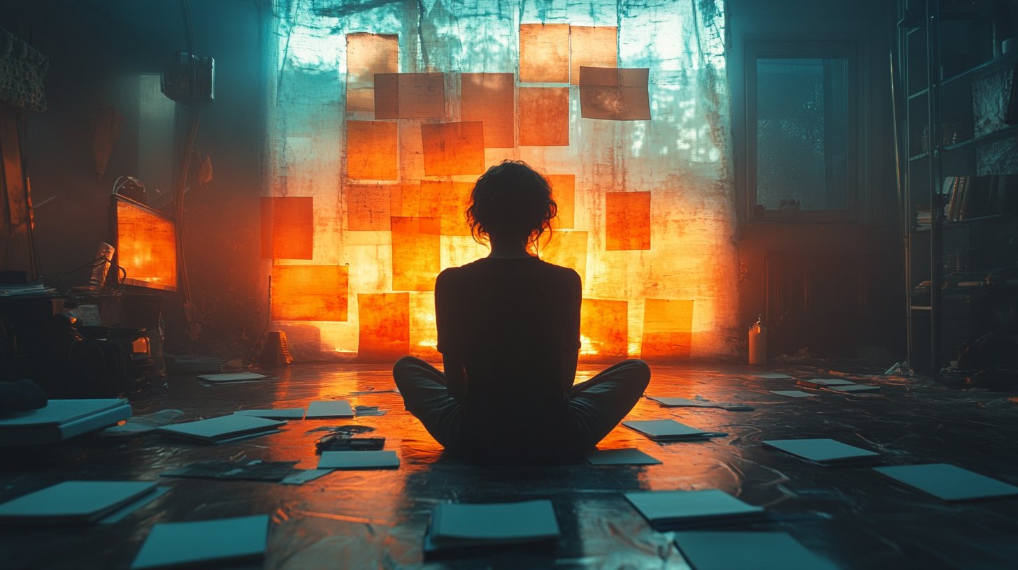 Eine nachdenkliche Szene mit jemandem in Reflexion, umgeben von Notizbüchern und sanftem Licht.