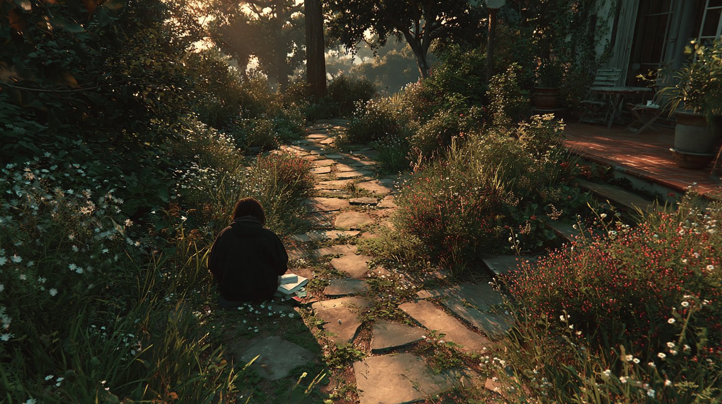 Eine nachdenkliche Person, die in einem üppigen Garten journalisiert.
