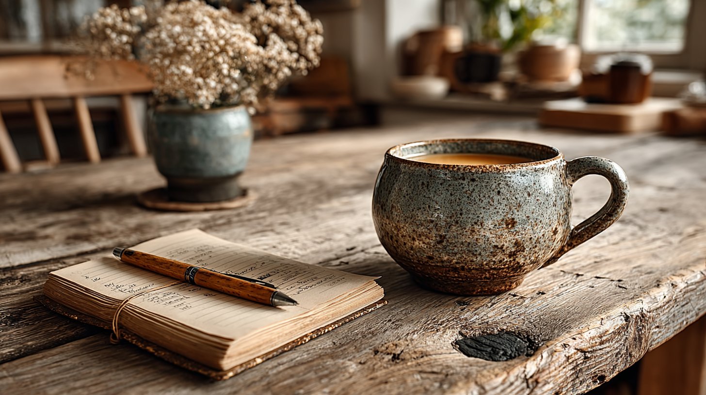 Ein ordentlicher Arbeitsplatz mit einem Notizbuch, einer Tasse Tee und einer Pflanze.