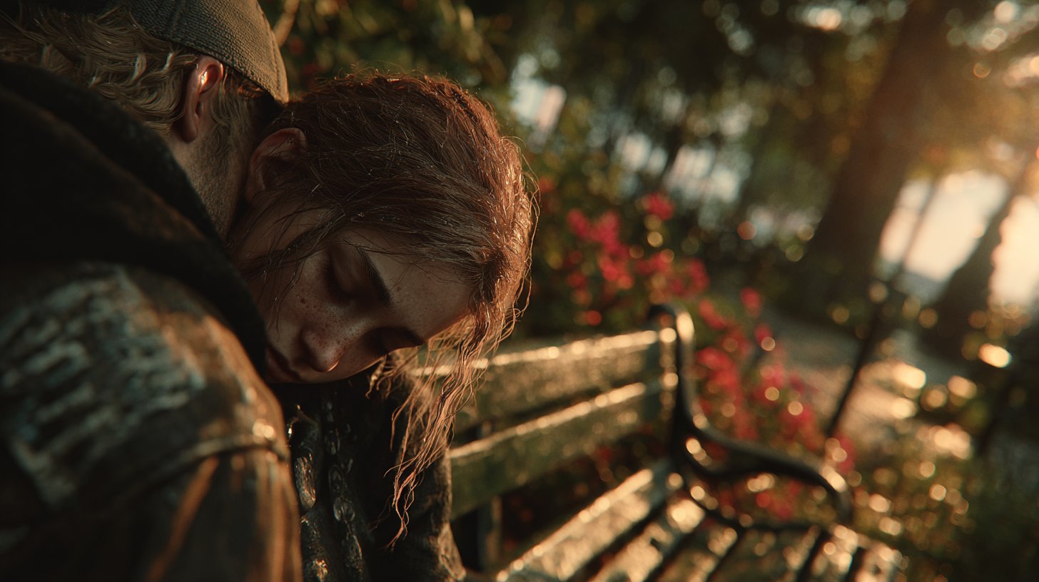 Consolando un amico su una panchina nel parco al tramonto.