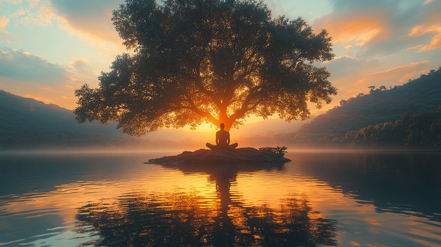 Un hombre practica la atención plena bajo un árbol junto a un lago tranquilo.