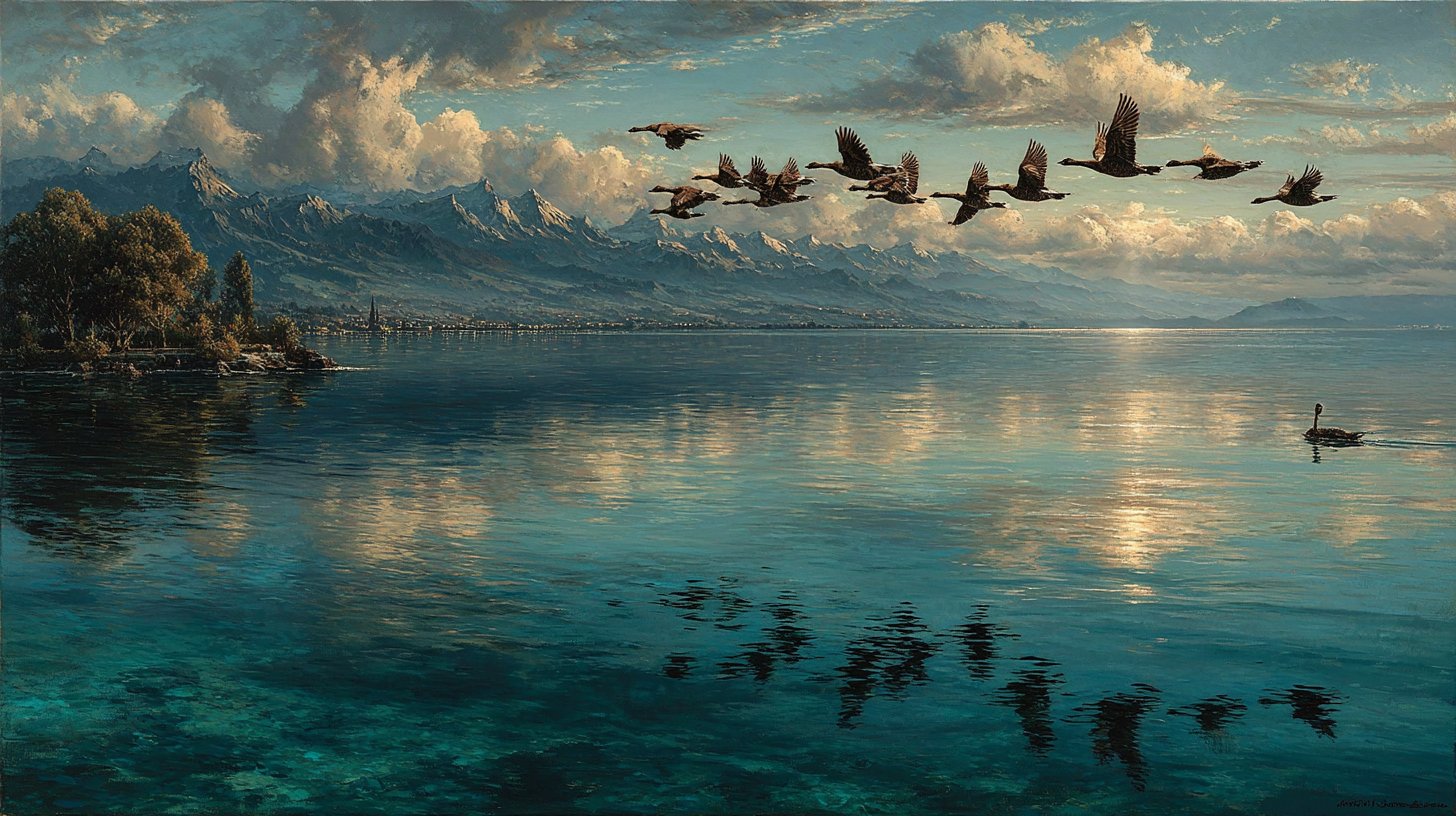 Synchronie dans la nature : Des oiseaux volant harmonieusement au-dessus d'un paysage.