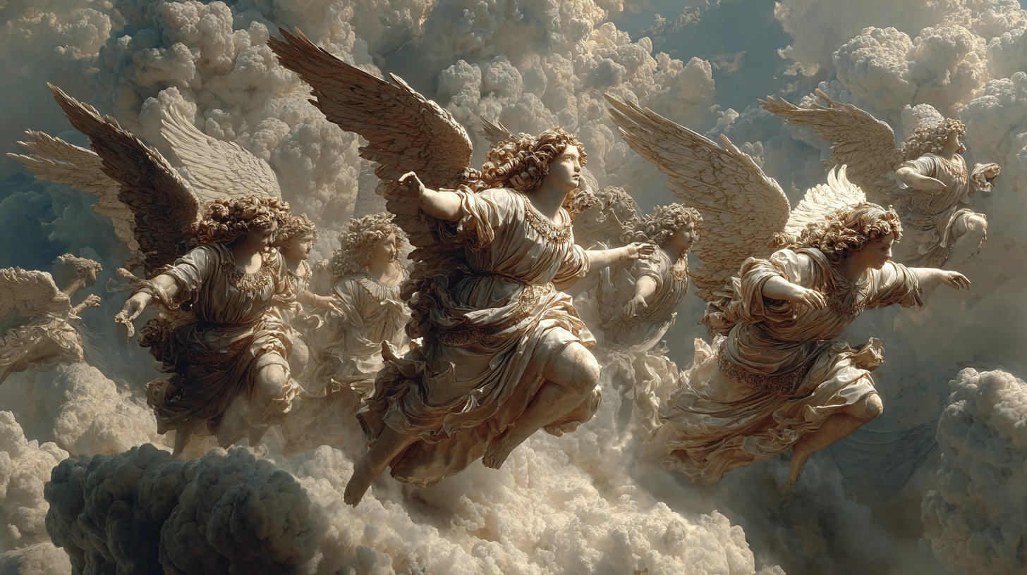 Ethereale Engel umgeben von sanften Wolken und Licht.
