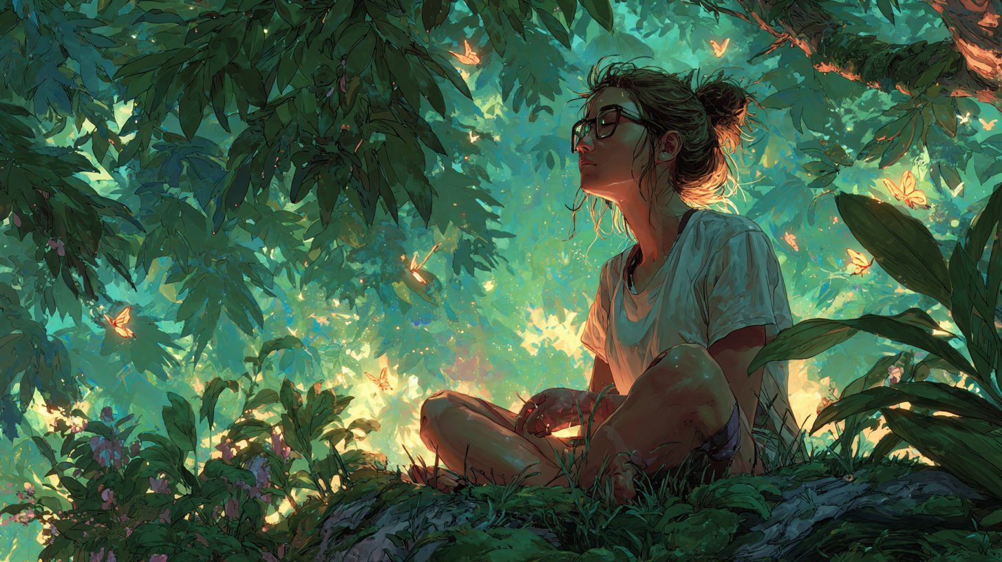 Person meditierend in einem üppigen Garten, Symbol der Selbstentdeckung.