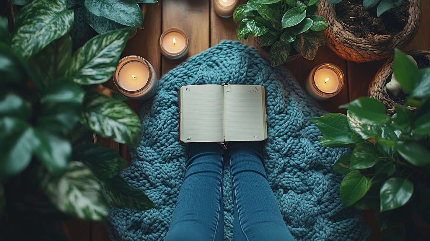 Uno spazio di cura personale sereno con candele e un diario.